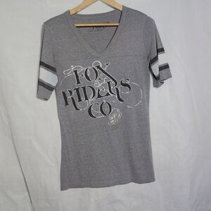 Fox Riders Motocross Sz XL Gray V-Neck Tee with Striped Sleeves